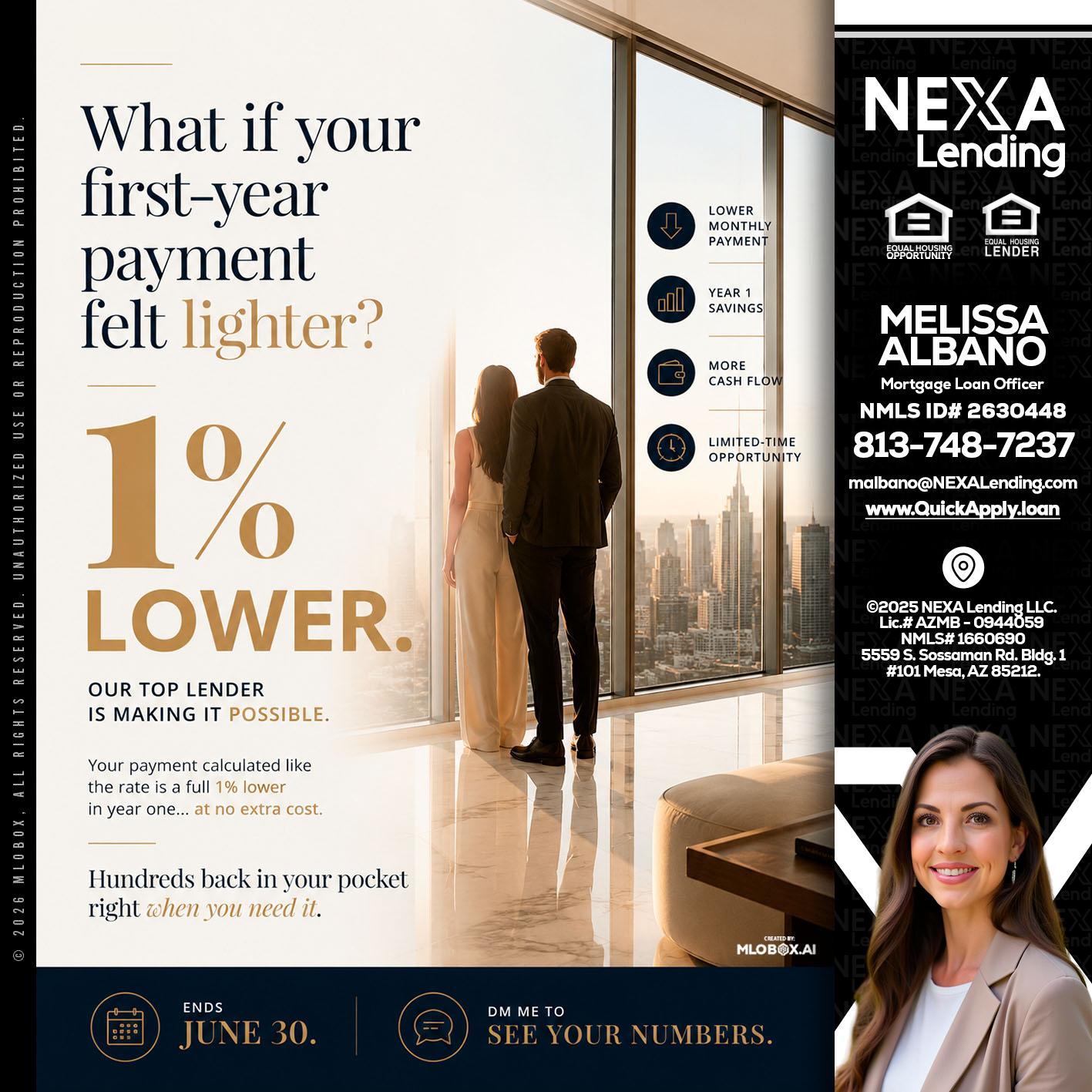 1% lower - Melissa Albano -Mortgage Loan Officer